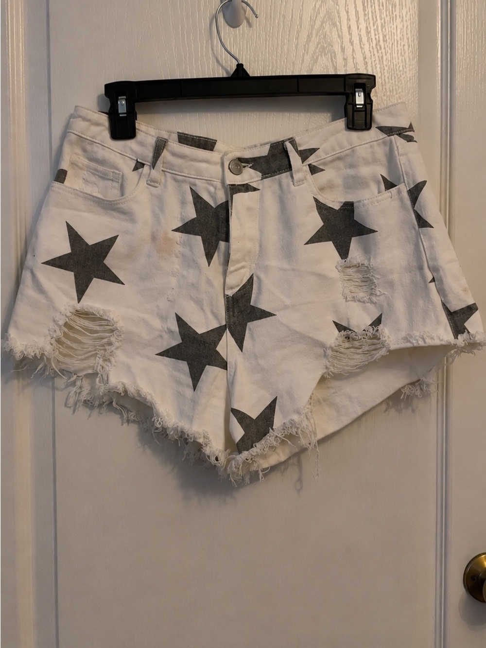 Star Print Distressed White Denim Shorts